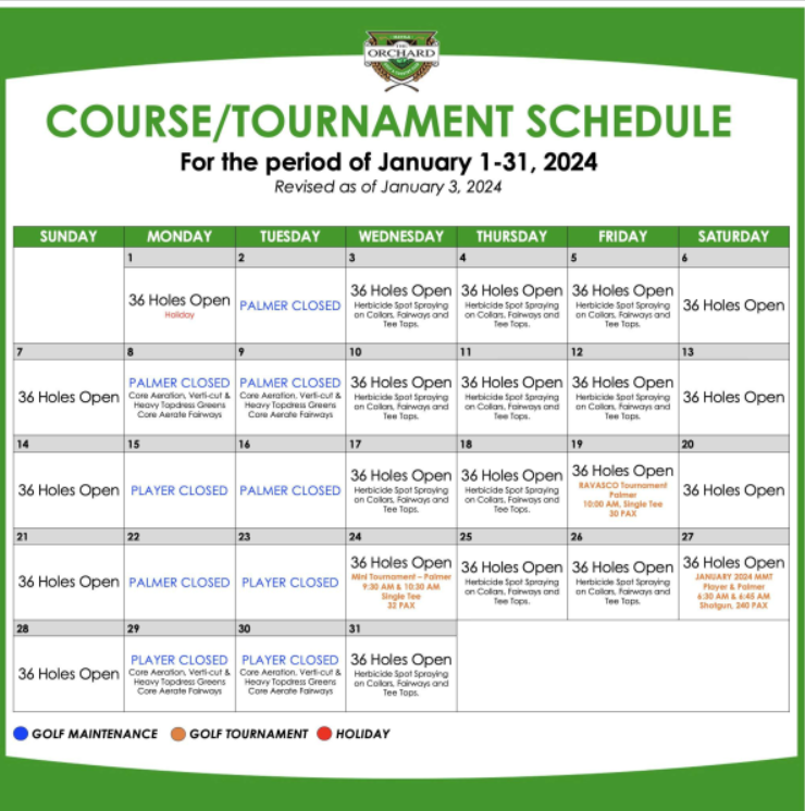 The Orchard Golf & Country Club January 2024 Course Schedule