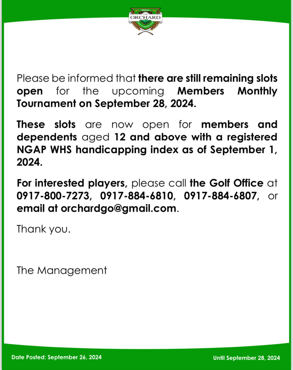 Members Monthly Tournament NGAP WHS Handicapping Index